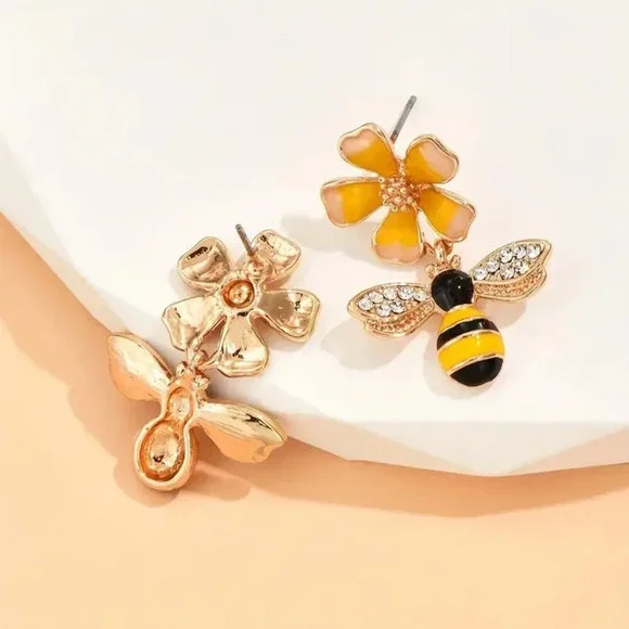 Cute Colorful Floral Bee themed Drip Glaze Bee Flower Fashion Dangle Earrings - Picture 3 of 3